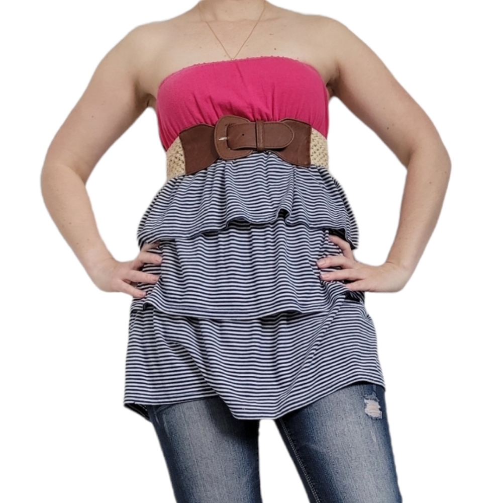 Ruffled, belted dress by Rewind, XS, pink top, blue and white striped ruffle